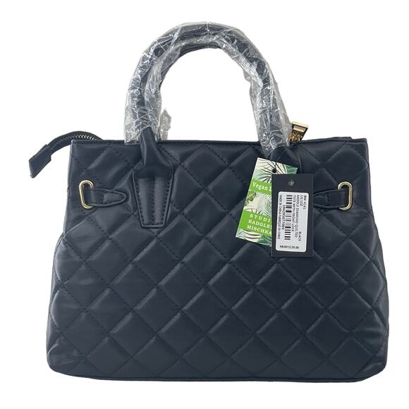 Badgley Mischka Black Quilted Tote Bag Small Vegan Leather Front Lock Crossbody - Picture 3 of 8